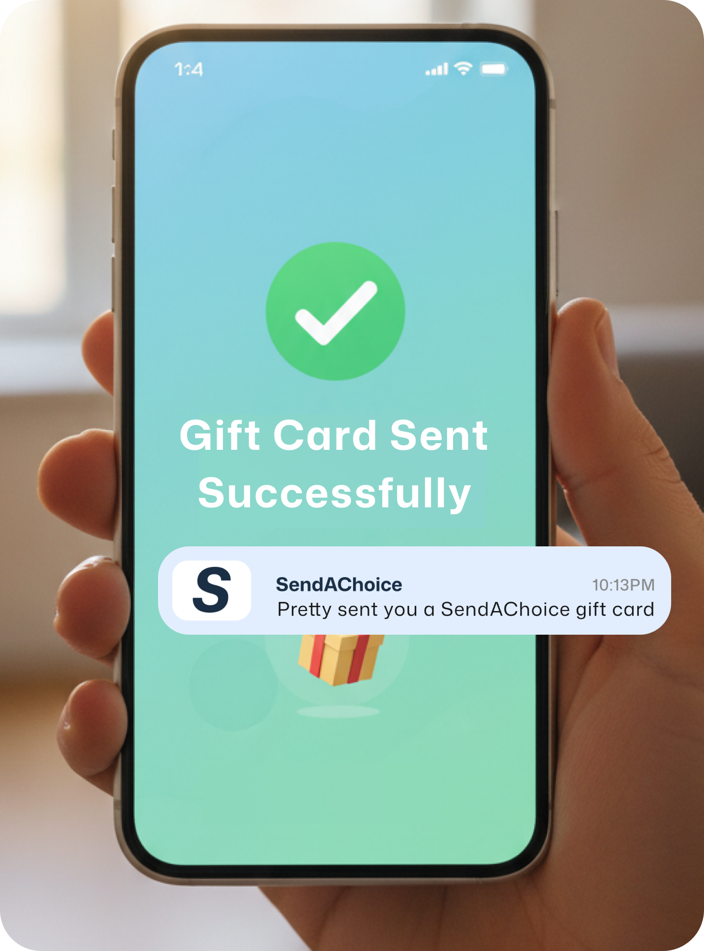A picture of a woman smiling at a phone and receiving a scheduled SendaChoicegift card
