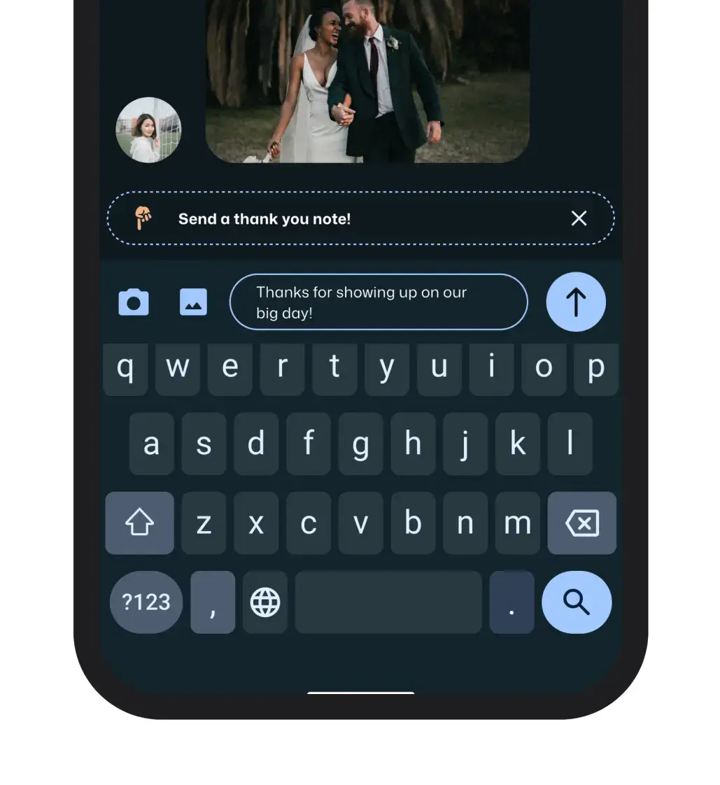 A picture of the SendaChoicethank you note chat interface with a chat message present.