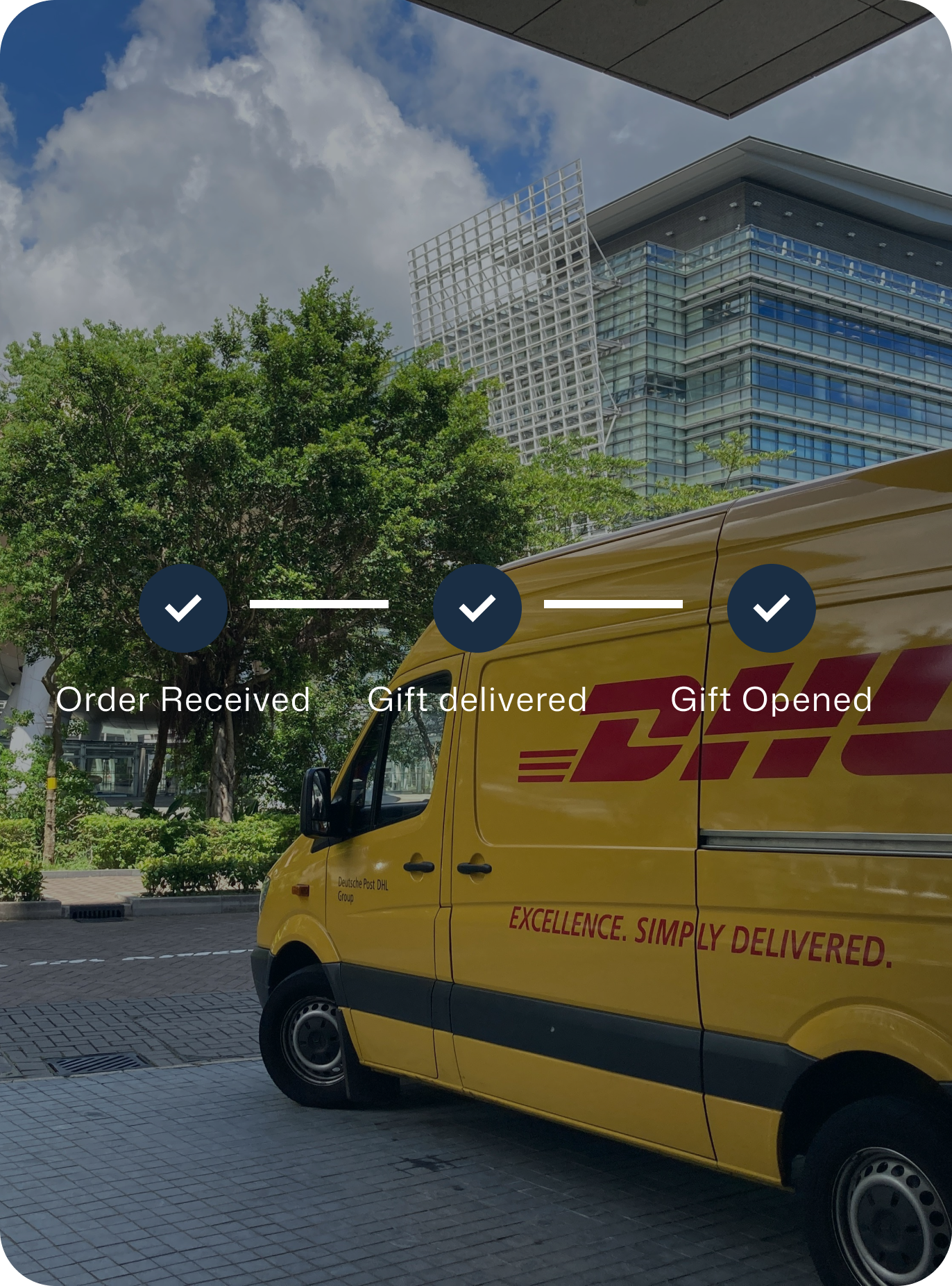 Two happy people and a gift tracker showing that the gift card has been delivered and opened