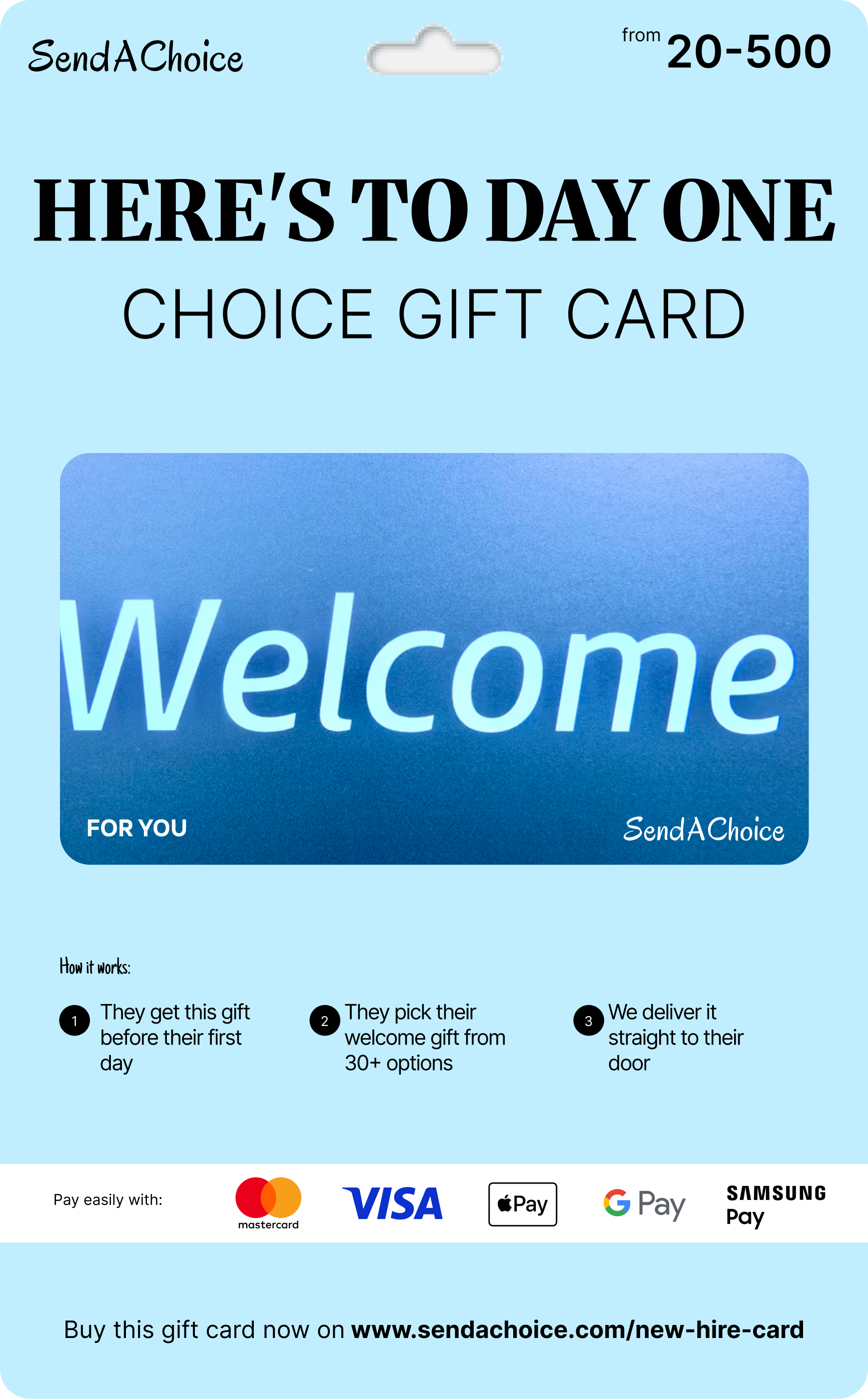 Here's To Day One new hire choice gift card