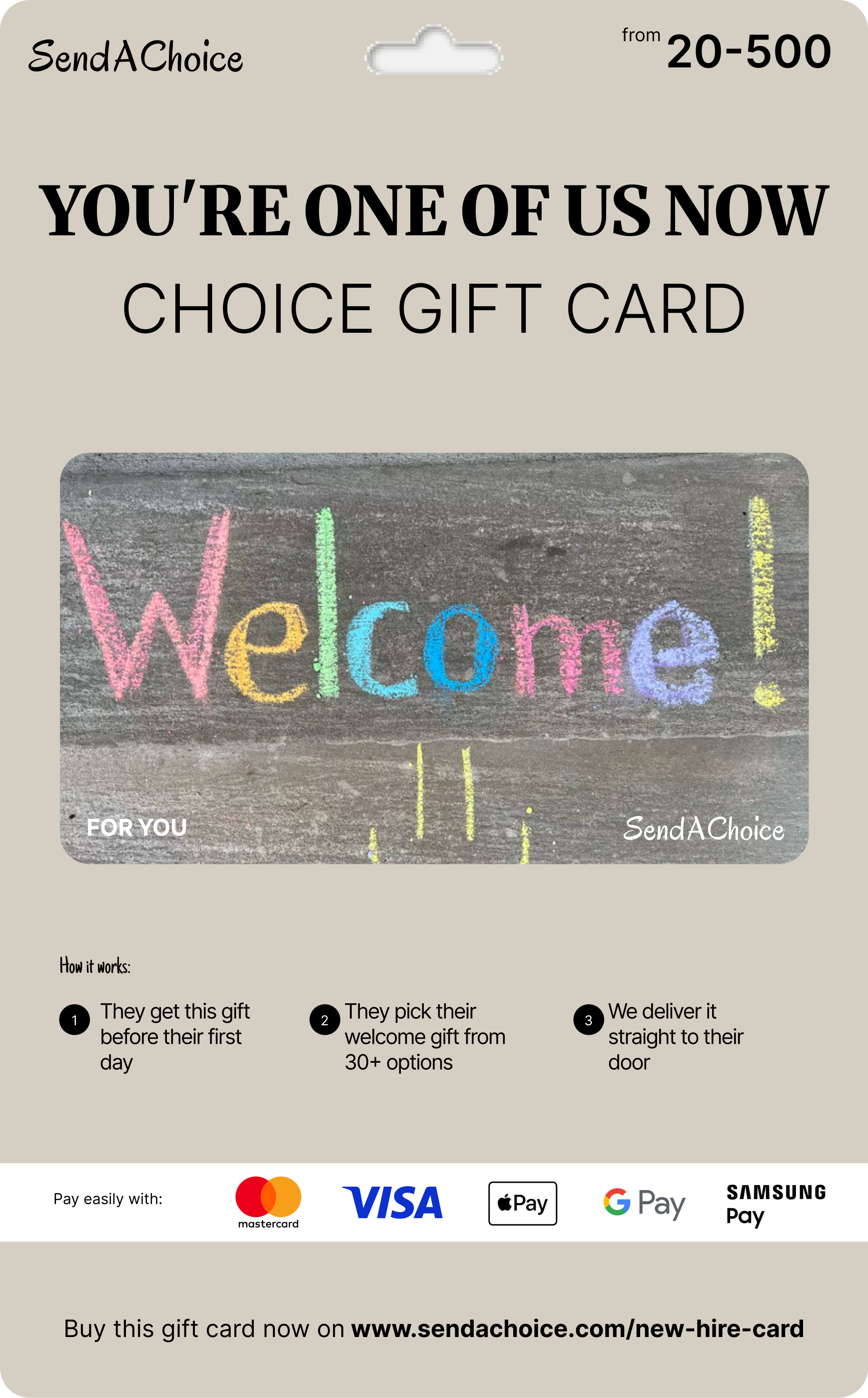 One Of Us new hire choice gift card