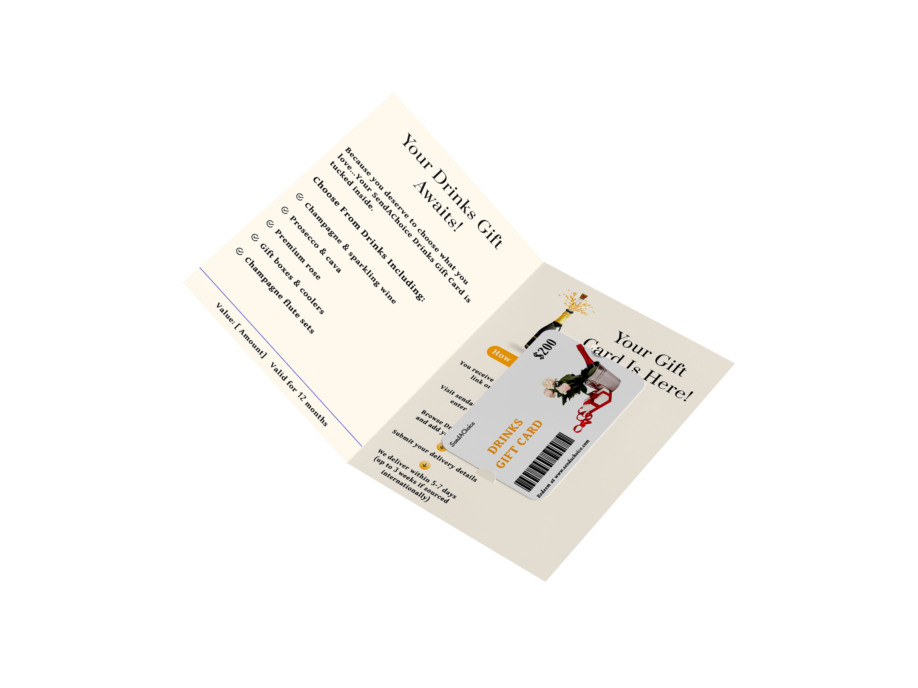 Drinks physical gift card, inside view 1