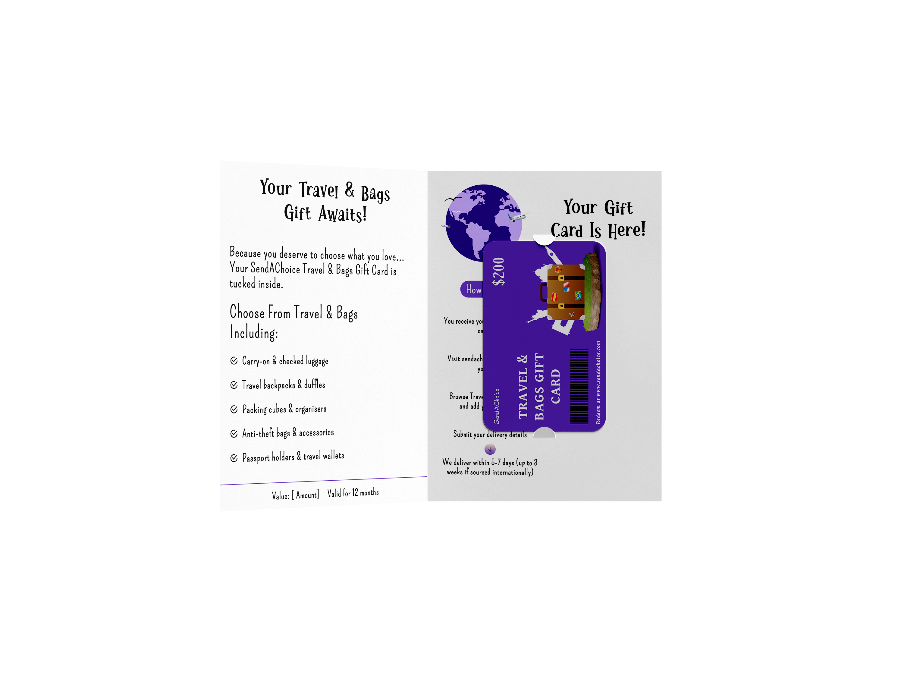 Travel & Bags physical gift card, inside view 2