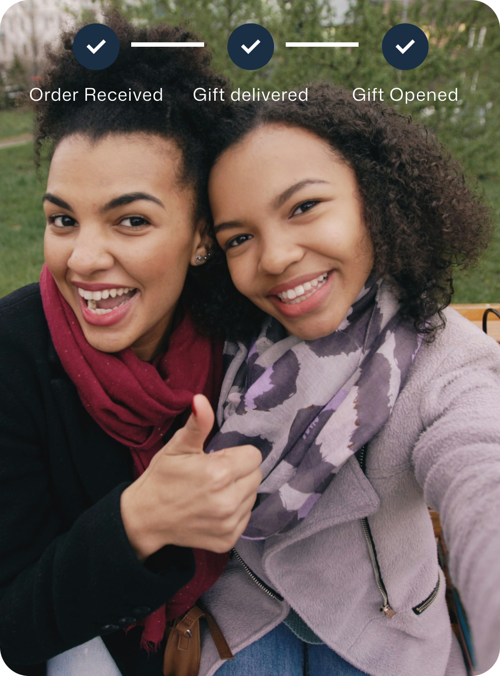 Two happy people and a gift tracker showing that the gift card has been delivered and opened