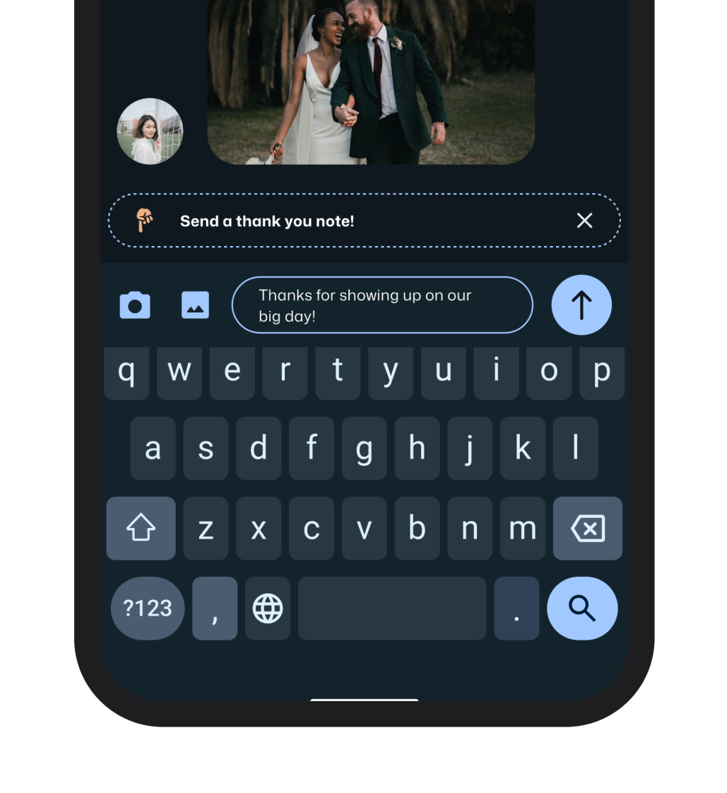 A picture of the SendaChoicethank you note chat interface with a chat message present.