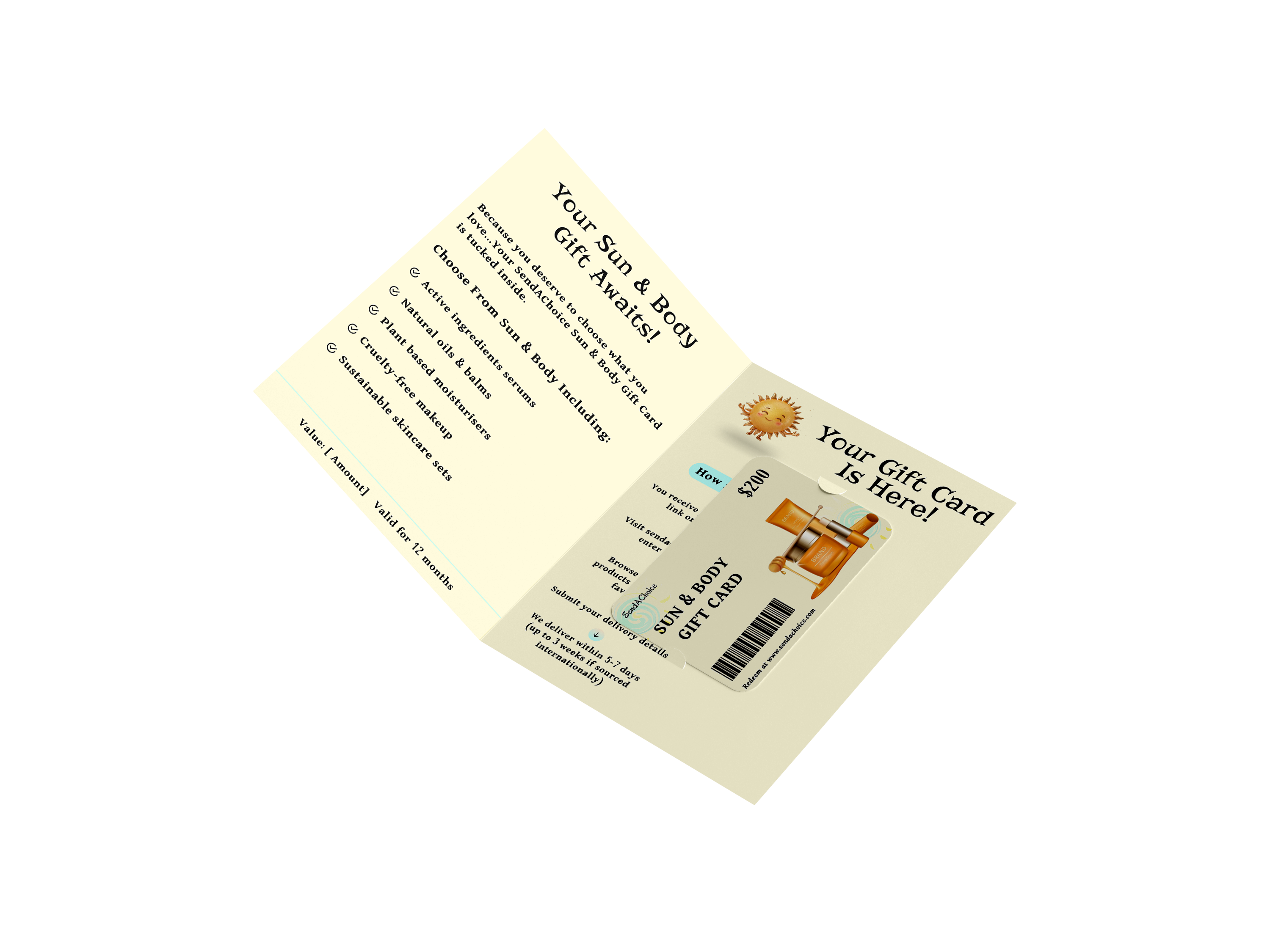 Sun & Body physical gift card, inside view 1