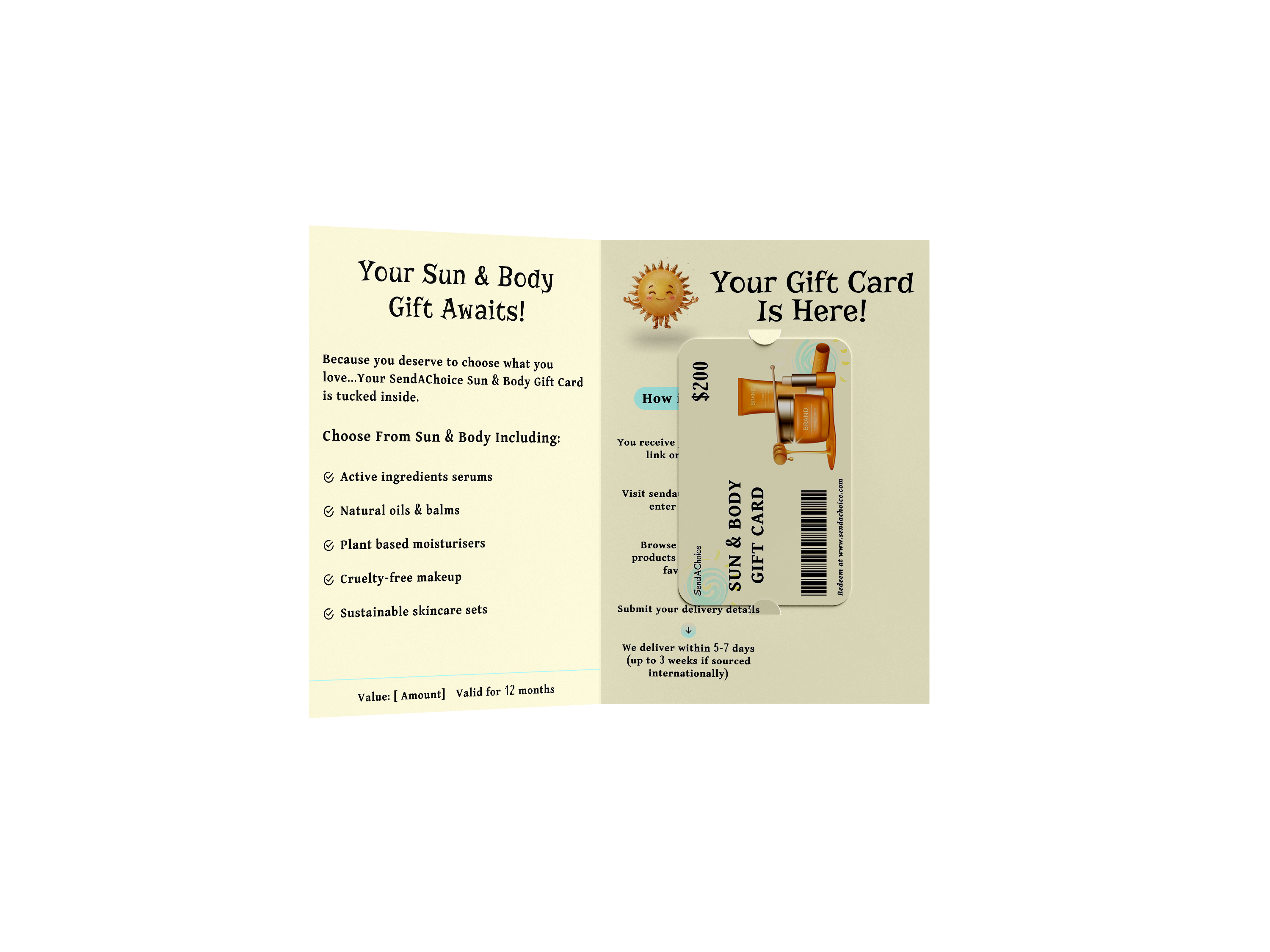 Sun & Body physical gift card, inside view 2